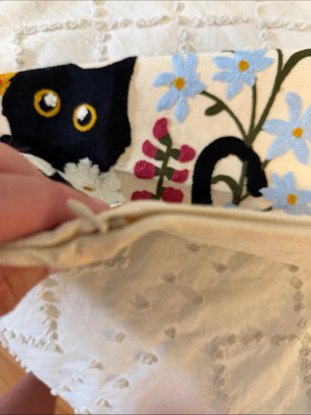 Black Cat Floral Pet Pillow Cover - Cream Background embroidered new